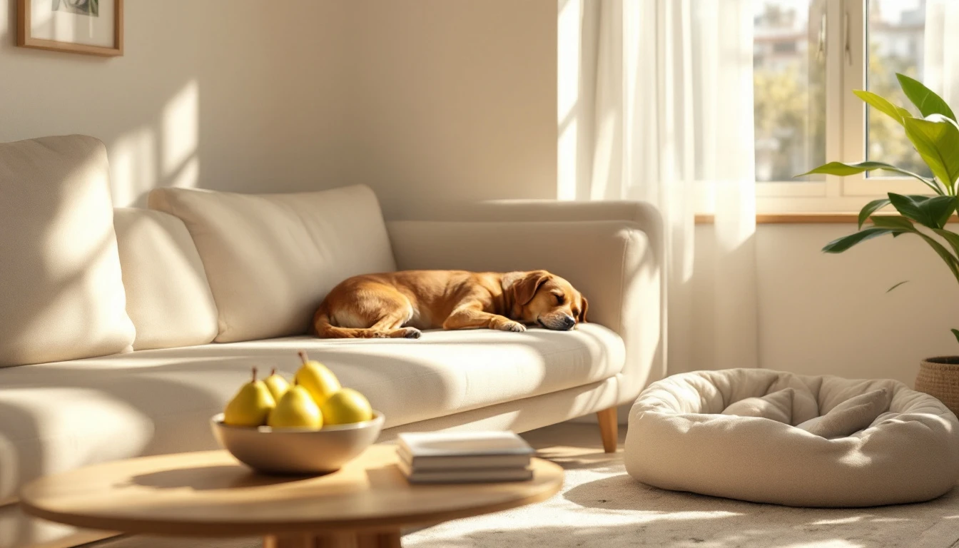 A sunny small apartment living area with the dog asleep on the cooling bed in the corner.